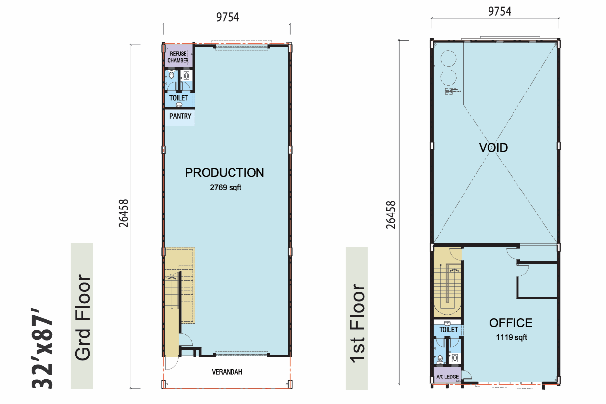 Type A Superlink Factory Floor Plan - 32' x 87' Dimensions, 3,888 sqft Built-up Area
