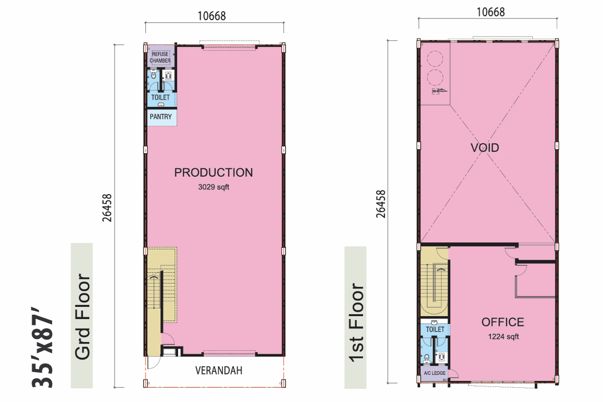 Type B Superlink Factory Floor Plan - 35' x 87' Dimensions, 4,253 sqft Built-up Area